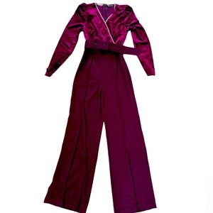 Wine Long Sleeve Velvet Rhinestone Jumpsuit